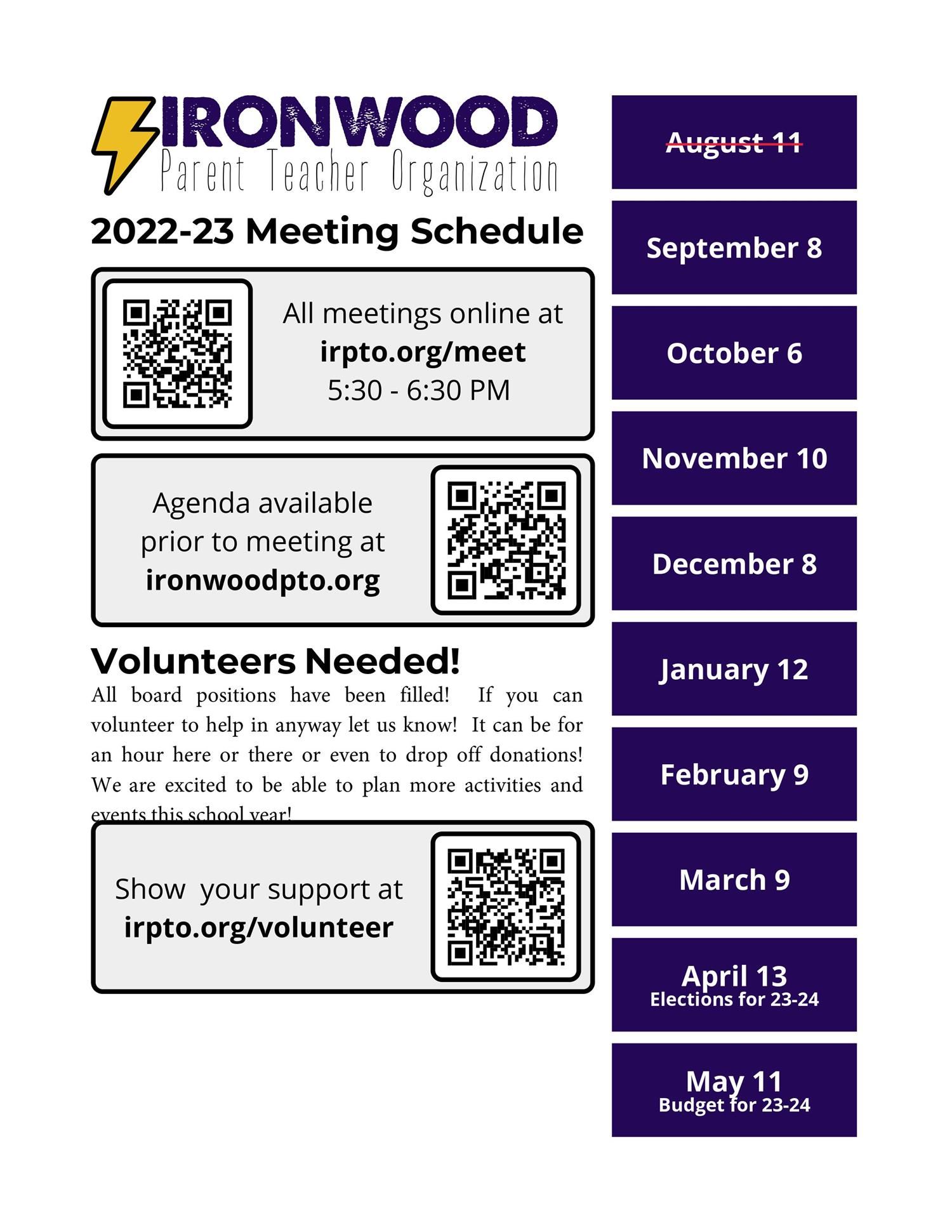 PTO Monthly Meeting Schedule